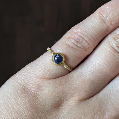 Mermaid Inspired Engagement Rings -RUSTIC SAPPHIRE DIAMOND 18k RING ENGAGEMENT ETERNITY YELLOW GOLD ROSE CUT BLUE