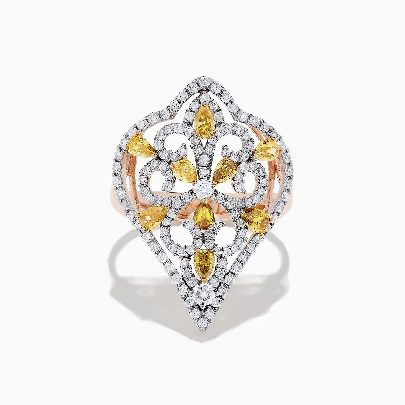 Fashion Rings -14K Rose Gold Yellow and White Diamond Filagree Ring, 1.55 TCW