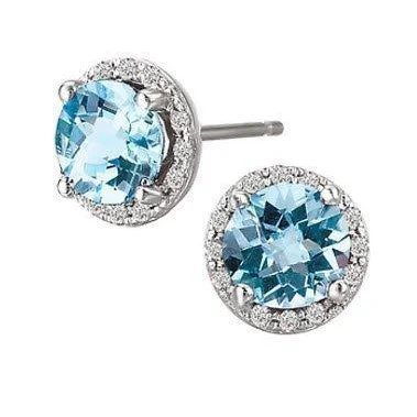 Sentimental Earrings -14KT WHITE GOLD BLUE TOPAZ & DIAMOND HALO EARRINGS