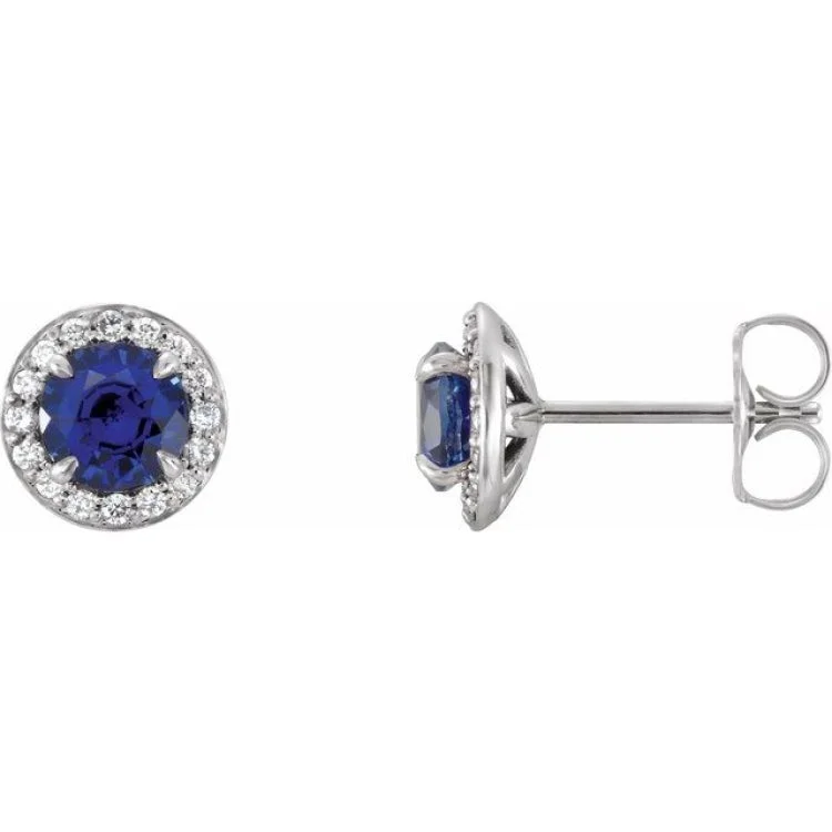 Tribal Earrings -Sterling Silver 4.5 mm Lab-Grown Blue Sapphire & 1/6 CTW Natural Diamond Earrings