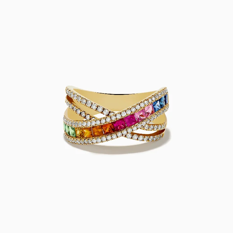 Punk Rings -Watercolors 14K Yellow Gold Multi Sapphire and Diamond Ring, 2.05 TCW