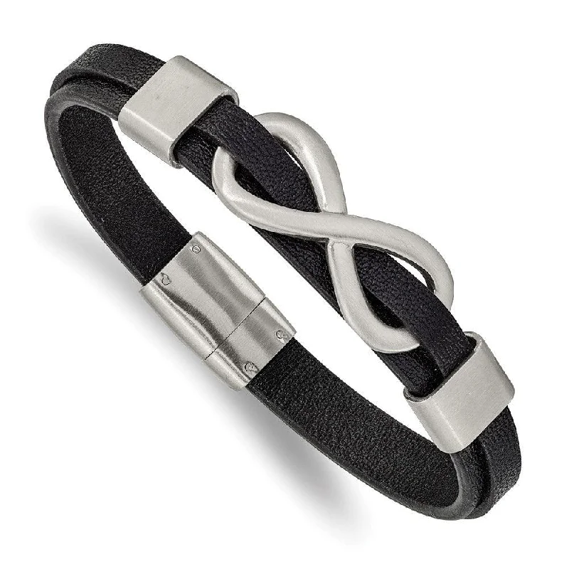 Ladies Bracelets Endless Loop-Stainless Steel Brushed Infinity Symbol Black Leather 8in Bracelet