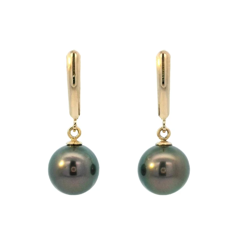 Trendy Earrings -Tahitian Pearl Leverback Dangle Earrings in Yellow Gold