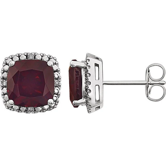 Multicolor Earrings -14KT WHITE GOLD CUSHION GARNET & .06 CTW DIAMOND HALO EARRINGS