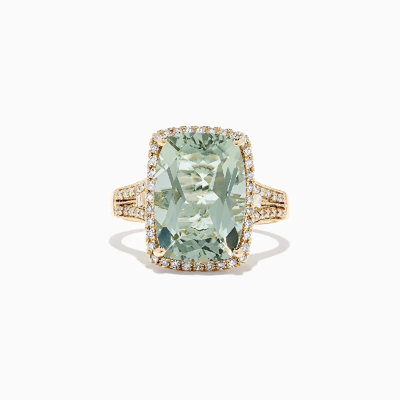 Delicate Rings -14K Yellow Gold Green Amethyst and Diamond Cocktail Ring, 7.34 TCW