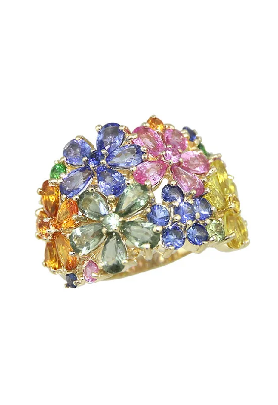 Baroque Rings -Watercolors 14K Yellow Gold Multi Sapphire Floral Ring, 9.07 TCW