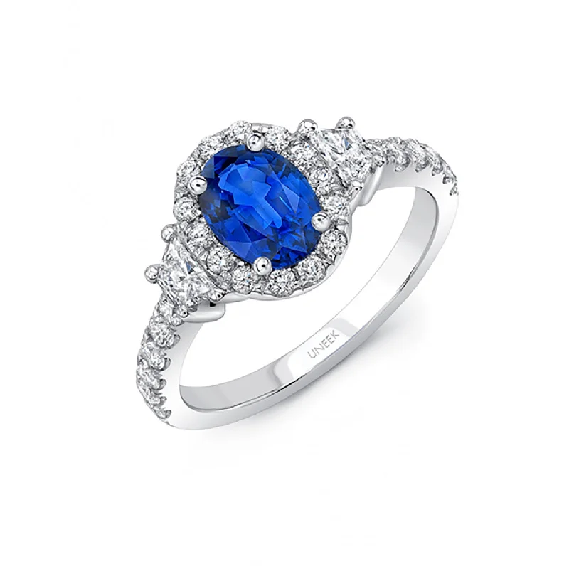 Six-Prong Engagement Rings -Oval Blue Sapphire Center 3-Stone Engagement Ring