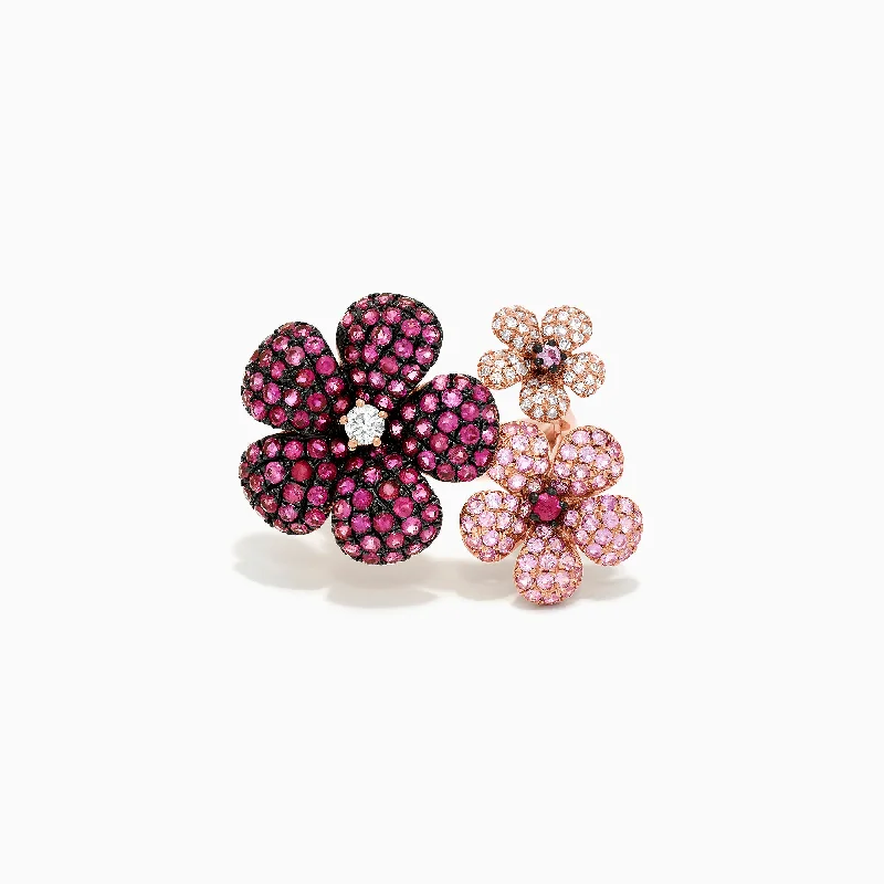 Office Rings -Nature 14K Rose Gold Sapphire, Ruby & Diamond Flower Ring, 3.45 TCW