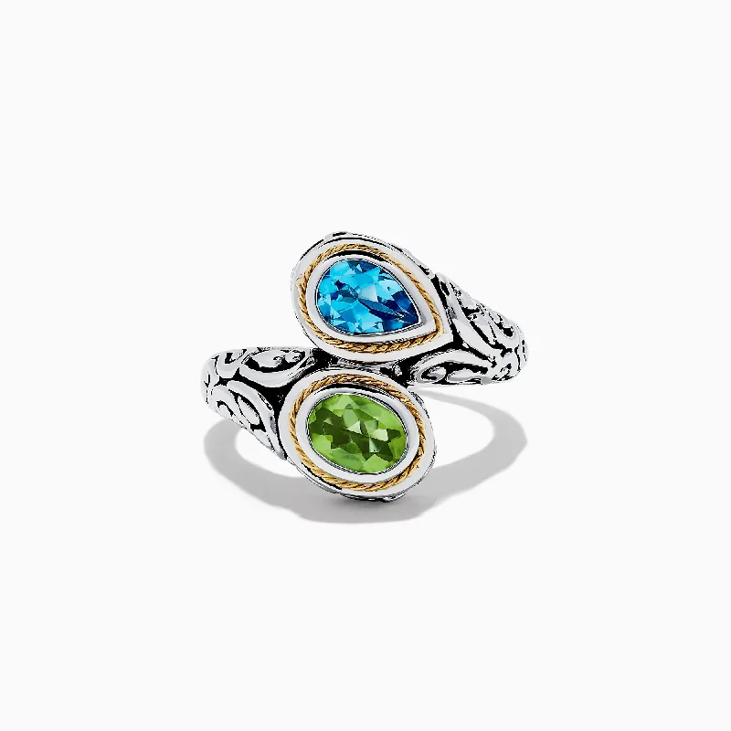 Mood Rings -925 Sterling Silver & 18K Gold Blue Topaz and Peridot Ring, 1.95 TCW