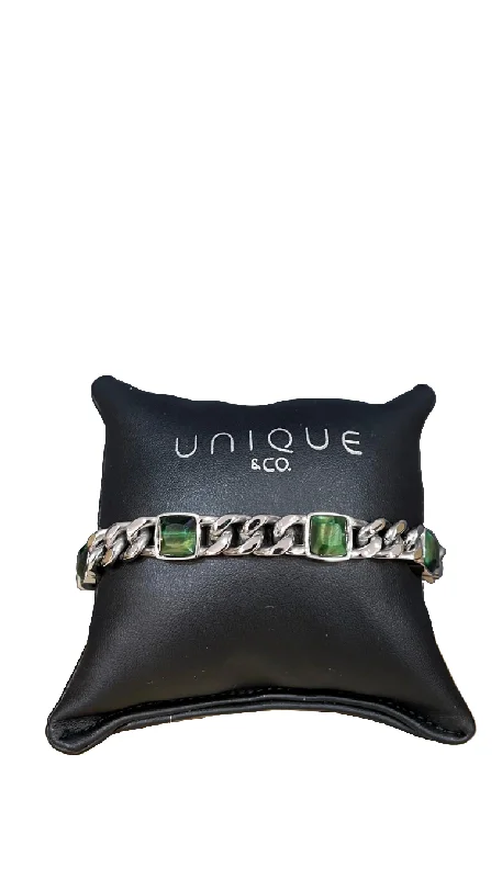 Ladies Bracelets for Professional Wear-Unique & Co Steel and Green Tigers Eye Bracelet