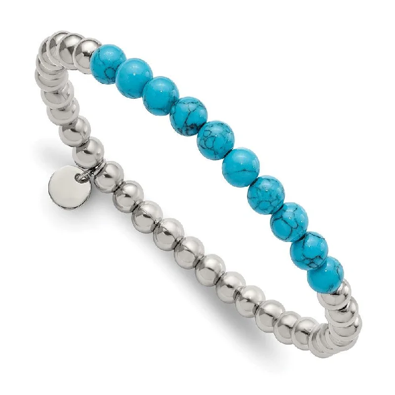 Ladies Bracelets for Little Girls-Stainless Steel Polished Synthetic Turquoise Beaded Stretch Bracelet