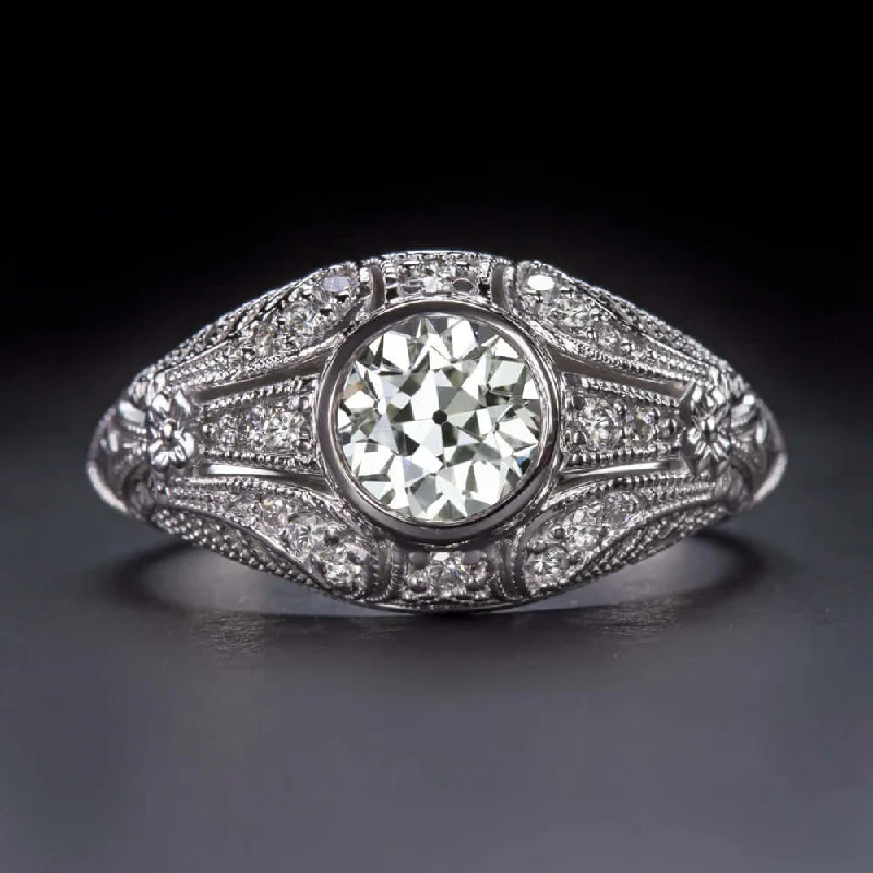 Glass Stone Engagement Rings -1ct OLD EUROPEAN CUT DIAMOND ENGAGEMENT RING VINTAGE STYLE COCKTAIL WHITE GOLD