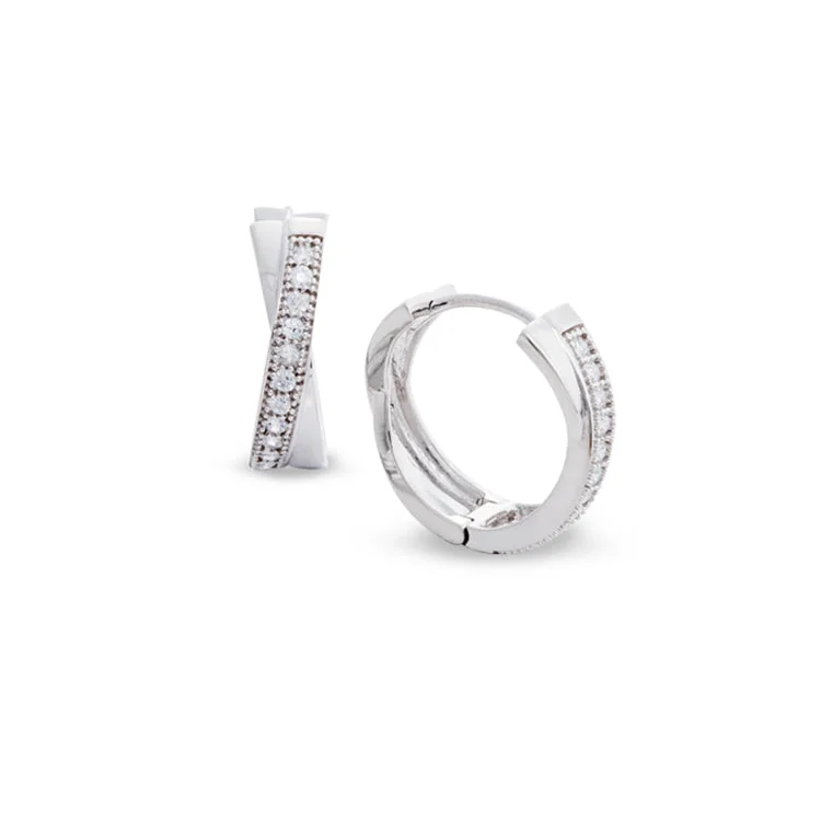 Edgy Earrings -Platinum Finish Sterling Silver Micropave Criss Cross Huggie Earrings with Simulated Diamonds