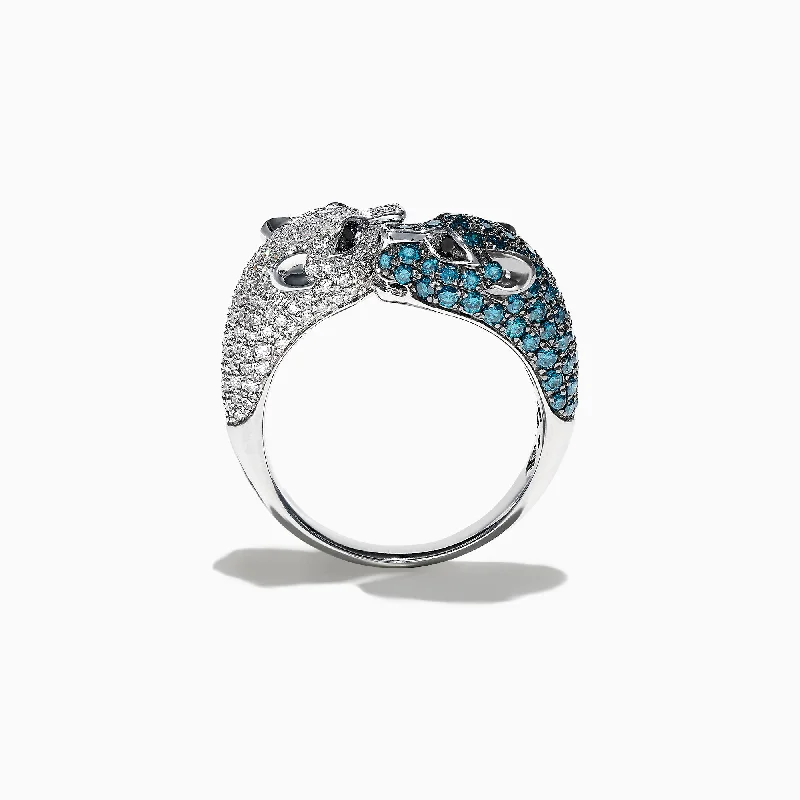 Topaz Rings -Signature 14K White Gold Blue and White Diamond Panther Ring, 1.48 TCW