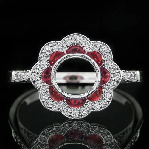 Ethnic Design Engagement Rings -VINTAGE STYLE DIAMOND RUBY ROUND HALO ENGAGEMENT RING SETTING WHITE GOLD 6MM