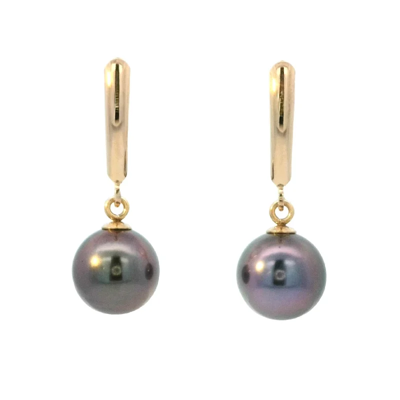 Sterling Silver Earrings -Tahitian Pearl Leverback Dangle Earrings in Yellow Gold