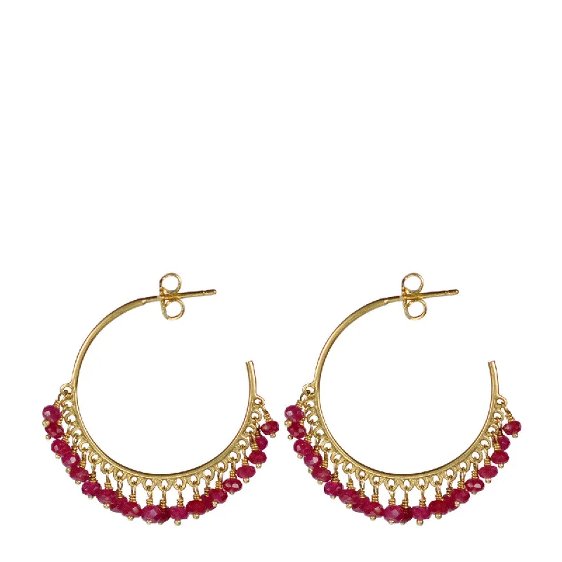 Floral Earrings -18K Gold Medium Fine Ruby Beaded Hoop Earrings