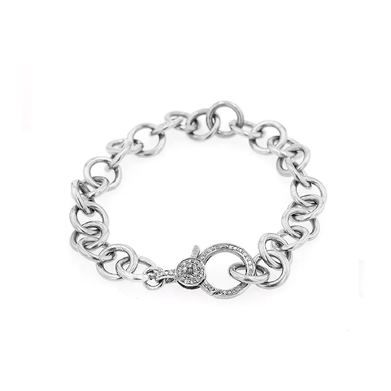 Ladies Bracelets with Gem Charms-Silver Round Link Chain Bracelet with Diamond Clasp B0002705