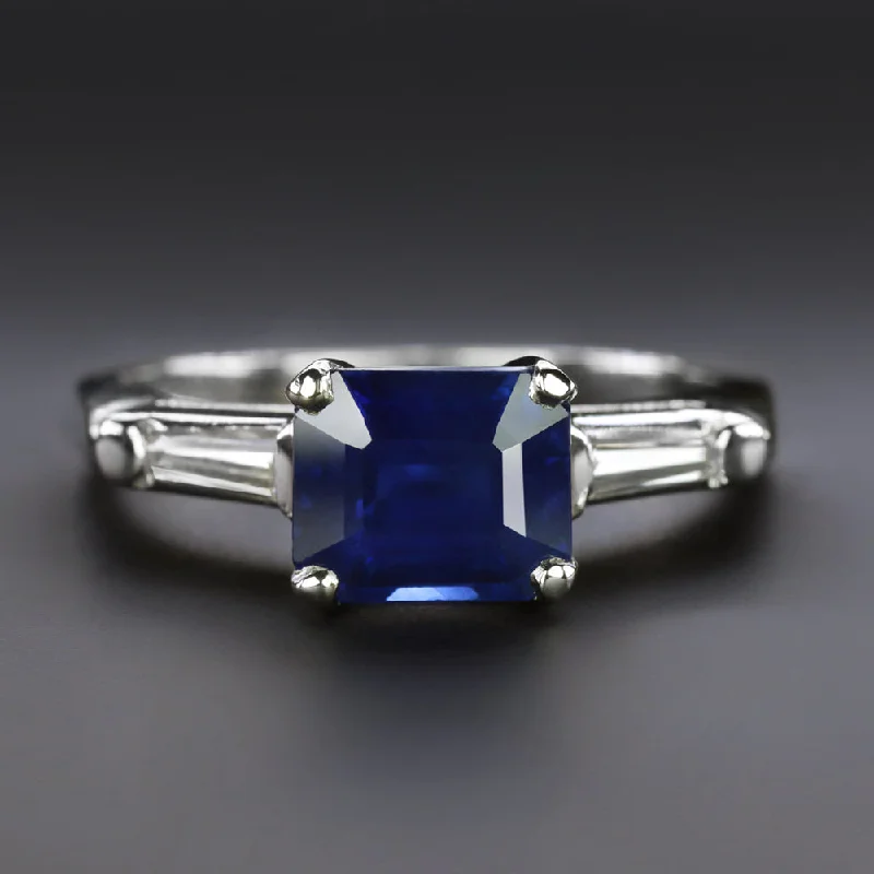 Fine Detail Engagement Rings -2.15c SAPPHIRE DIAMOND THREE STONE RING PLATINUM ENGAGEMENT ASSCHER CUT COCKTAIL