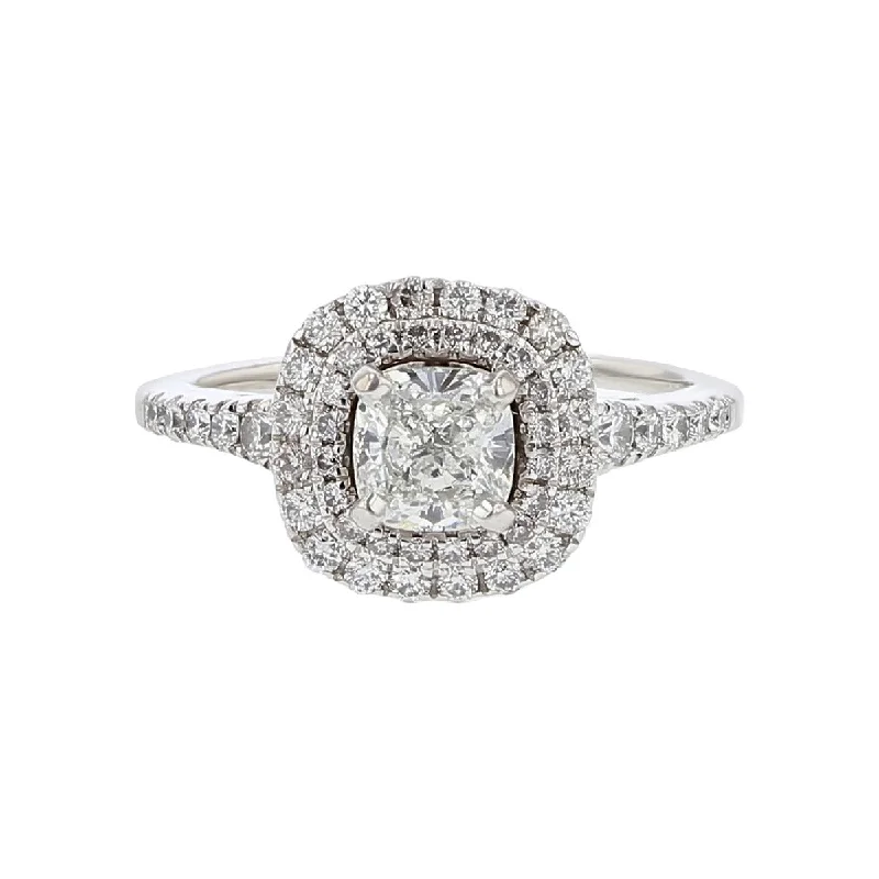 Spinner Band Engagement Rings -14K White Gold Cushion-cut Diamond Double Halo Engagement Ring