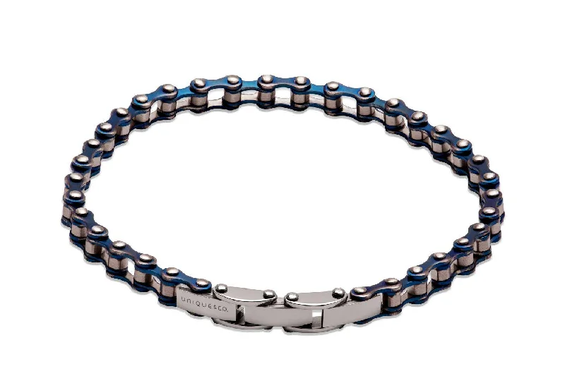 Ladies Bracelets for Romantic Dates-Unique & Co Blue Steel Bike Chain Bracelet