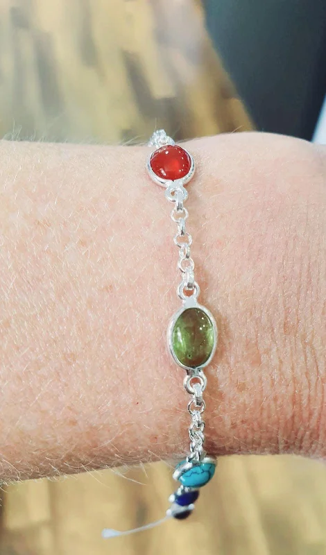 Ladies Bracelets with Beads-Sterling Silver Bezel Set Multi Gemstone Bracelet