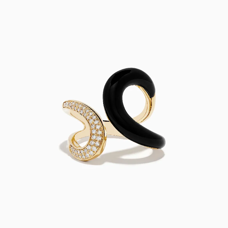 Textured Rings -14K Yellow Gold Onyx and Diamond Swirl Ring