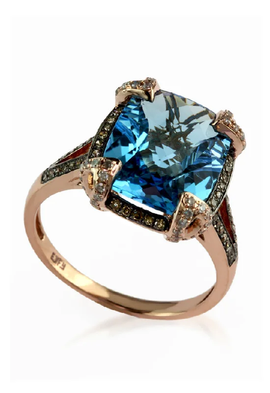 Quiet Rings -14K Rose Gold Blue Topaz and Diamond Ring, 6.76 TCW