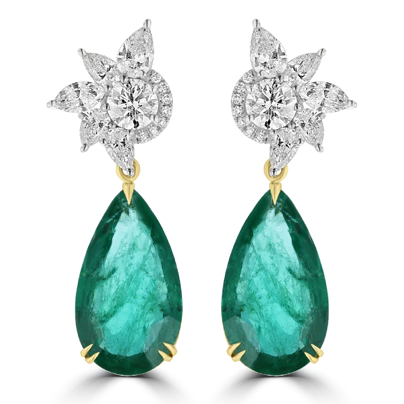 Glitter Earrings -JULEVE 23.63 CTW EMERALD & 5.51 CTW DIAMOND DANGLE EARRINGS