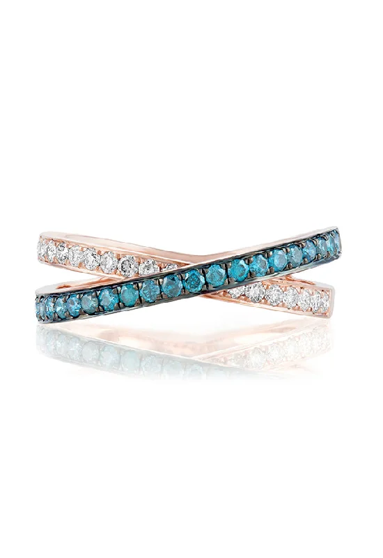 Faith Rings -Bella Bleu 14K Rose Gold Blue & White Diamond Crossover Ring, 0.57 TCW