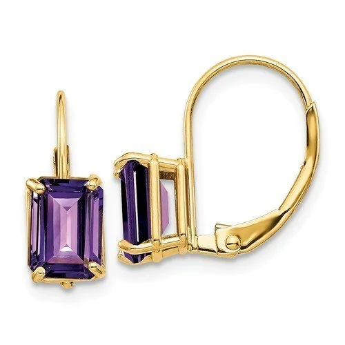 Affordable Earrings -14KT YELLOW GOLD 7X5MM EMERALD CUT AMETHYST LEVERBACK EARRINGS