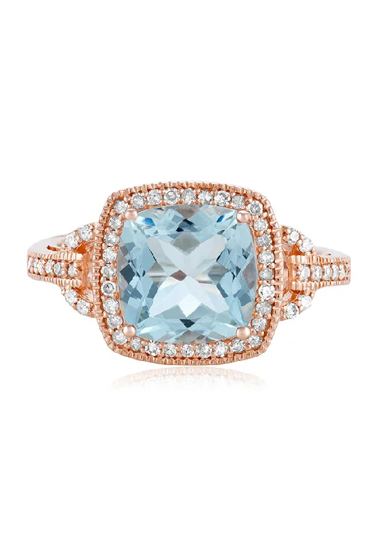 Flower Rings -Aquarius 14K Rose Gold Aquamarine and Diamond Ring, 3.10 TCW