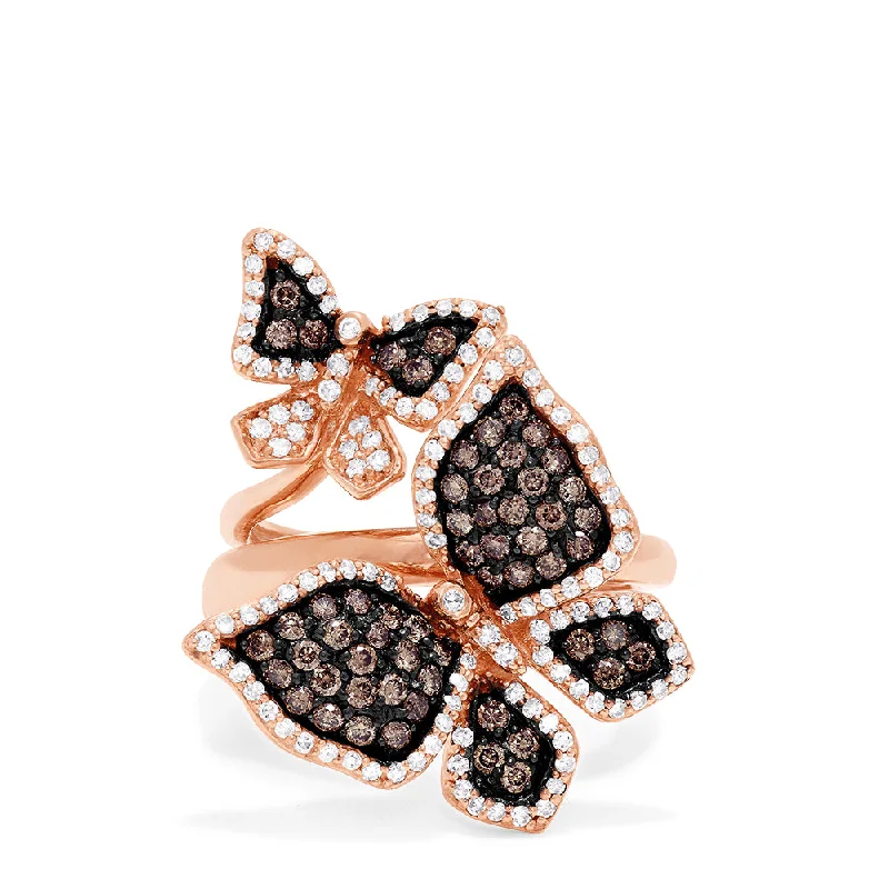 Celestial Rings -Limited Edition Brown and White Diamond Butterfly 2 or 1 Finger Ring, 1.18 TCW