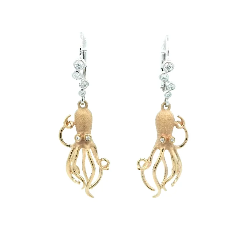 Feather Earrings -Octopus Leverback Earrings in Yellow Gold