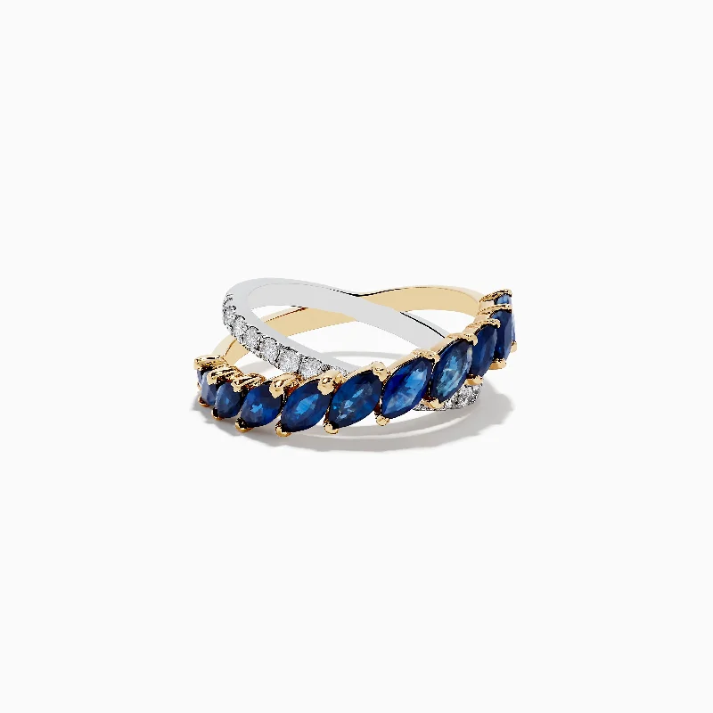 Stackable Rings -14K Two-Tone Gold Blue Sapphire and Diamond Crossover Ring