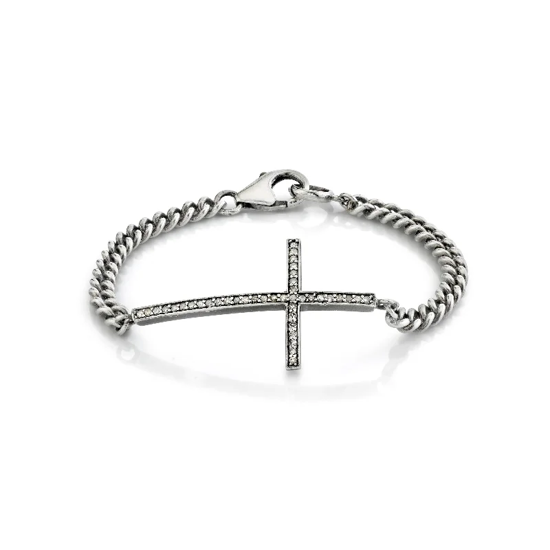 Ladies Bracelets with Grey Lawsonite-Diamond Cross on Curb Chain Bracelet B0000286