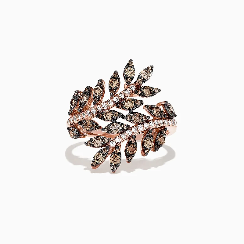 Special Occasion Rings -14K Rose Gold Espresso and White Diamond Wrapped Leaf Ring, 0.92 TCW