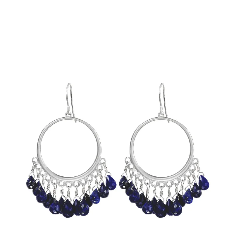 Spring Earrings -Sterling Silver Medium Circle Earrings with Lapis Briolettes