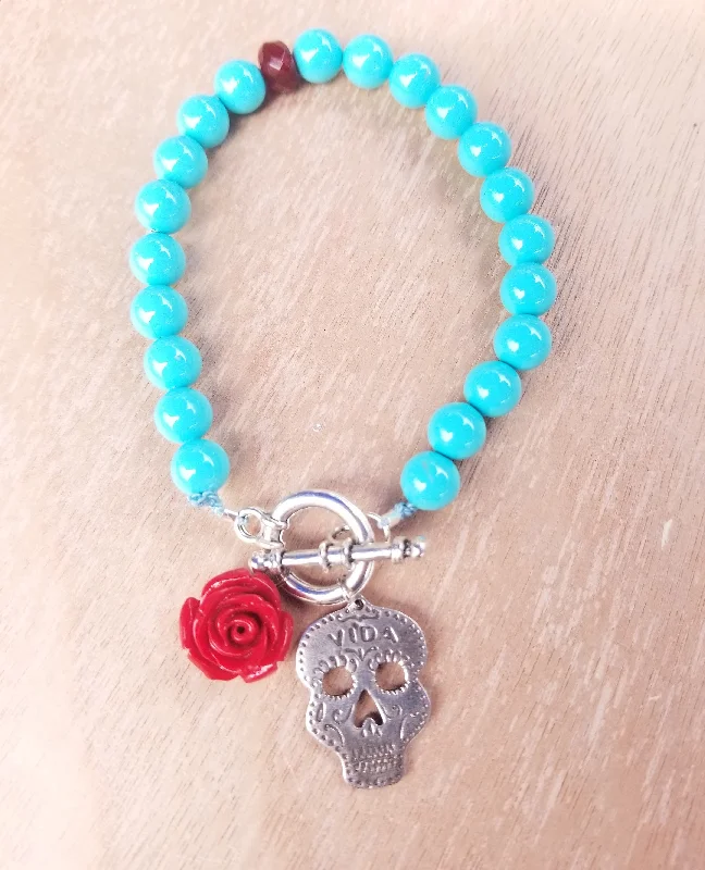 Ladies Bracelets Angular Design-Sugar Skull Turquoise Bracelet