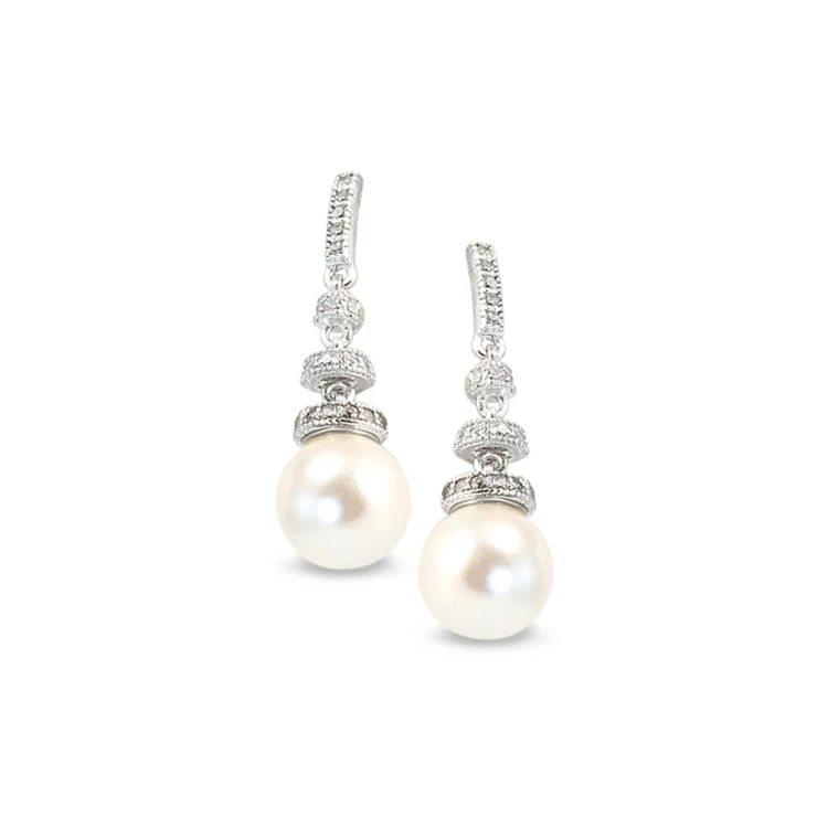 Acrylic Earrings -Platinum Finish Sterling Silver Micropave Round Pearl Drop Earrings with Simulated Diamonds