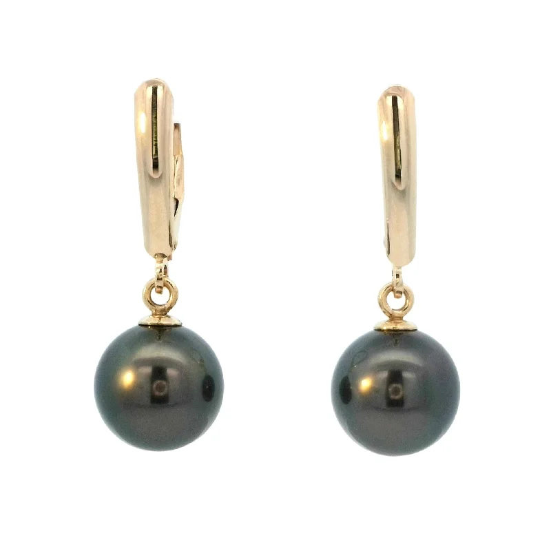 Opal Earrings -Tahitian Pearl Leverback Dangle Earrings in Yellow Gold