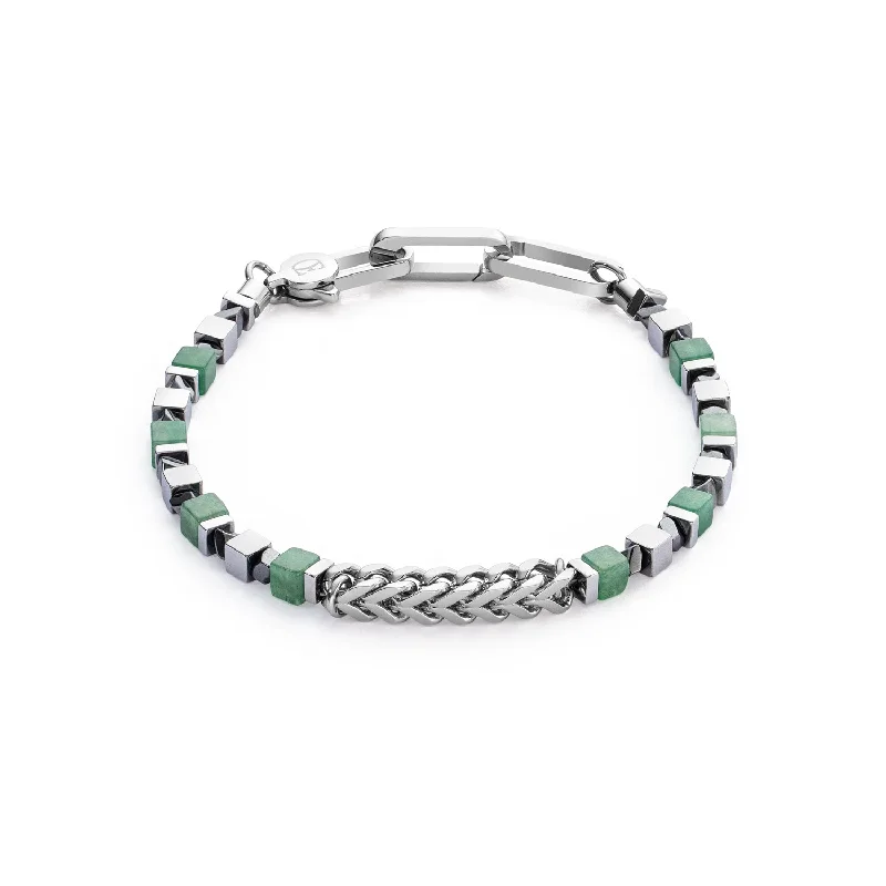 Ladies Bracelets with Striped Agate-Coeur De Lion Precious Cubes & Chain Silver Green Bracelet