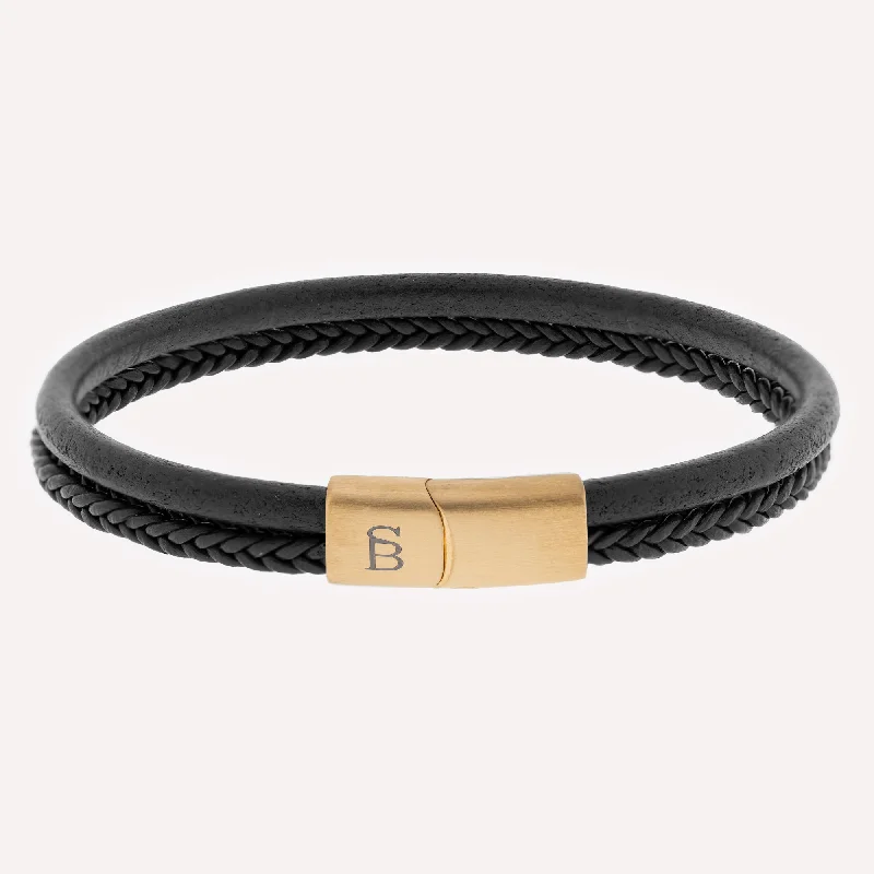 Ladies Bracelets Heavy Duty-Black Gold Denby Two-Band Leather Bracelet