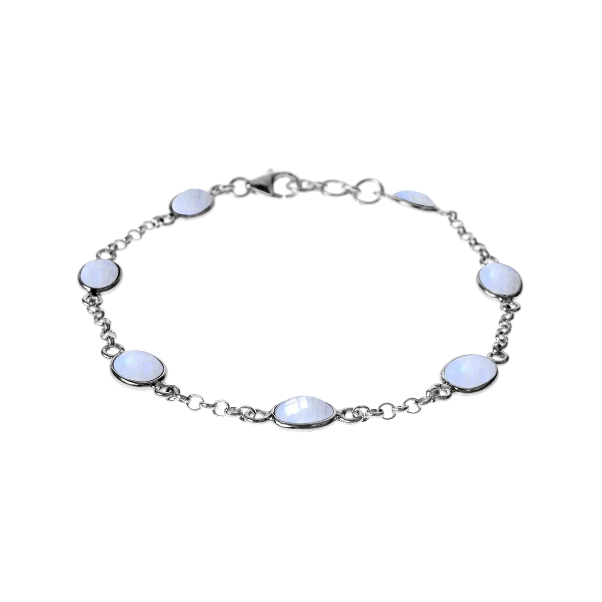 Ladies Bracelets Tribal Patterns-Sterling Silver Rainbow Moonstone Ovals Bracelet