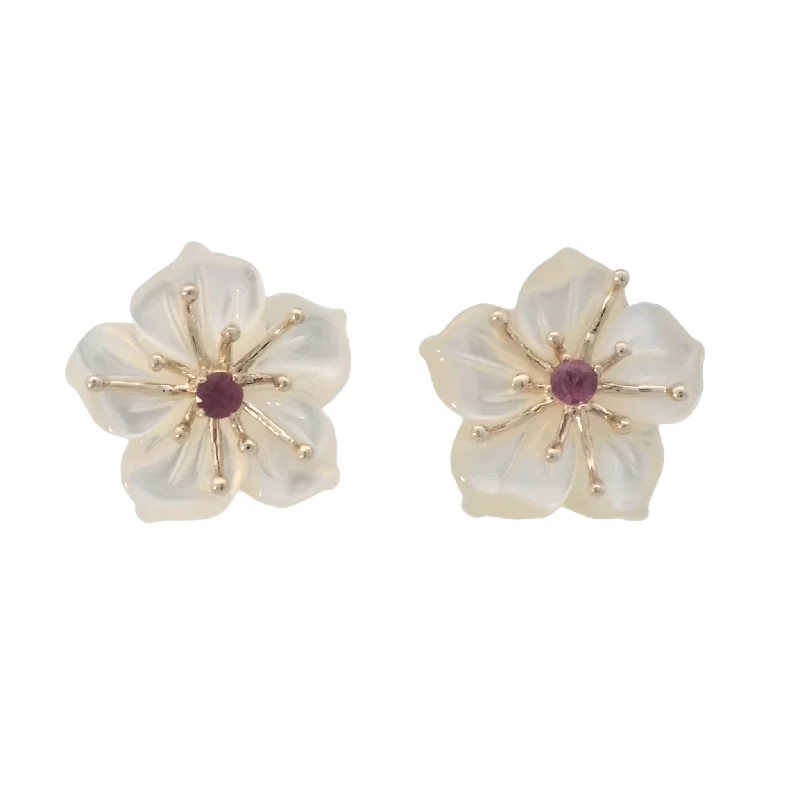 925 Silver Earrings -Mother of Pearl Flower Stud Earrings with Rubies