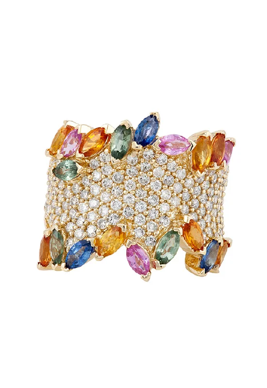 Moonstone Rings -Watercolors 14K Yellow Gold Multi Sapphire and Diamond Ring, 4.60 TCW