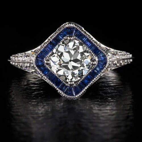 Spiritual Design Engagement Rings -1ct OLD EUROPEAN CUT DIAMOND ENGAGEMENT RING SAPPHIRE VINTAGE STYLE ART DECO