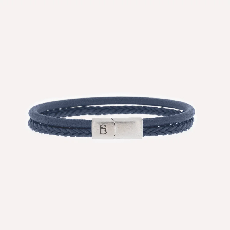 Ladies Bracelets Budget Friendly-Blue Silver Two-Band Leather Bracelet