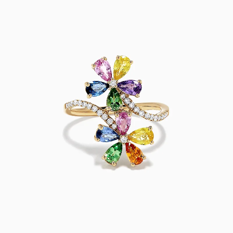 Designer Rings -Watercolors 14K Gold Multi Sapphire and Diamond Floral Ring, 3.03 TCW