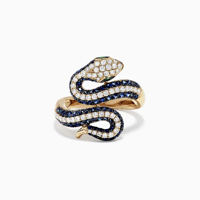 Cheap Rings -Safari 14K Yellow Gold Blue Sapphire and Diamond Snake Ring, 1.49 TW